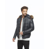 Bulging Hooded Navy Blue Leather Coat for Men