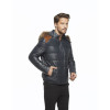 Bulging Hooded Navy Blue Leather Coat for Men - Image 2