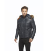 Bulging Hooded Navy Blue Leather Coat for Men - Image 5